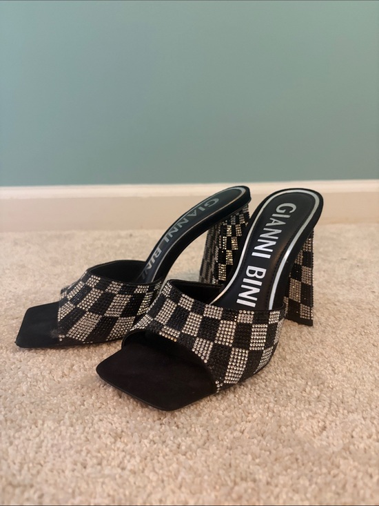 Gianni Bini Shoes - Gianni Bini Black & Silver Checkered Crystal Block Heel Mules